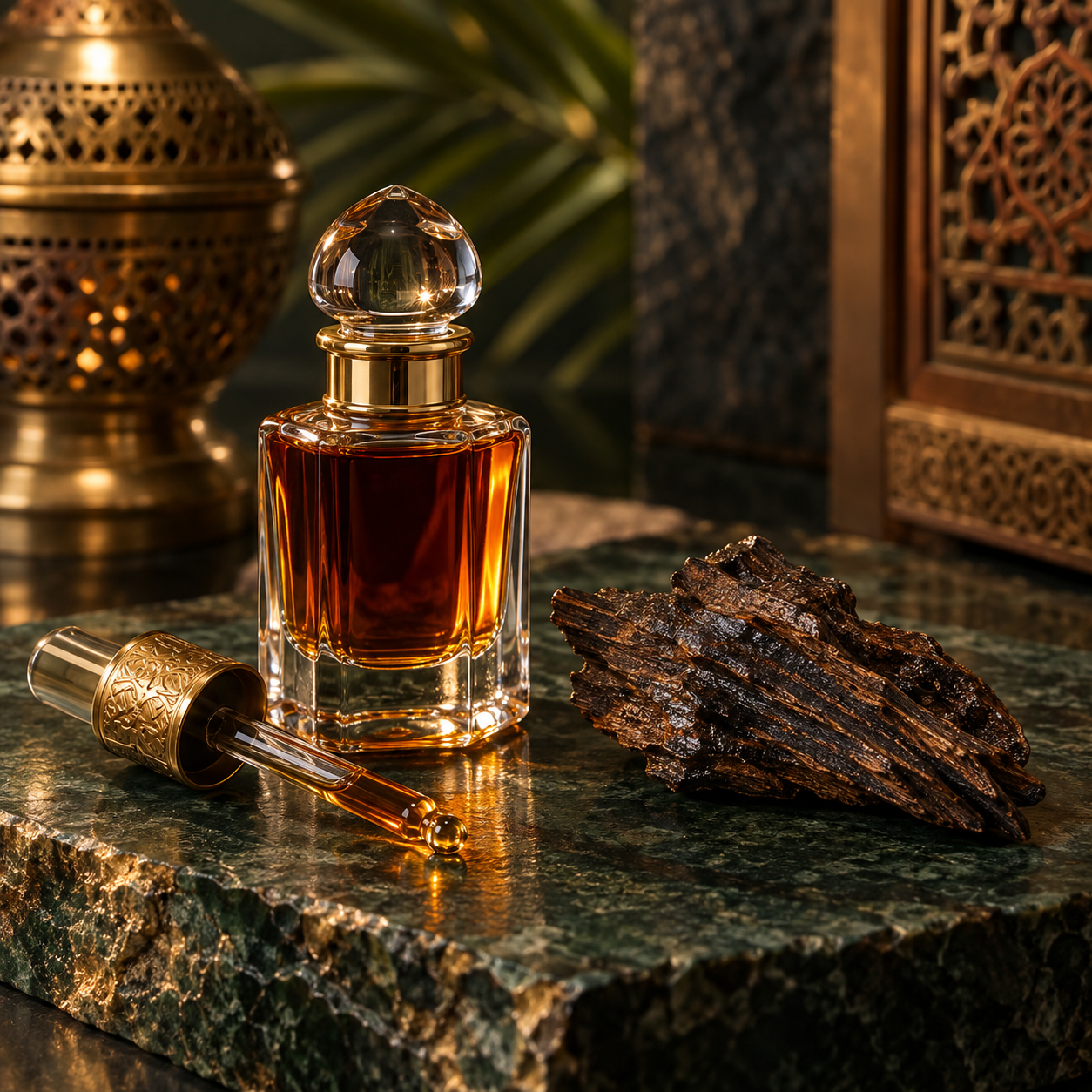 Oud oil in an amber glass vial