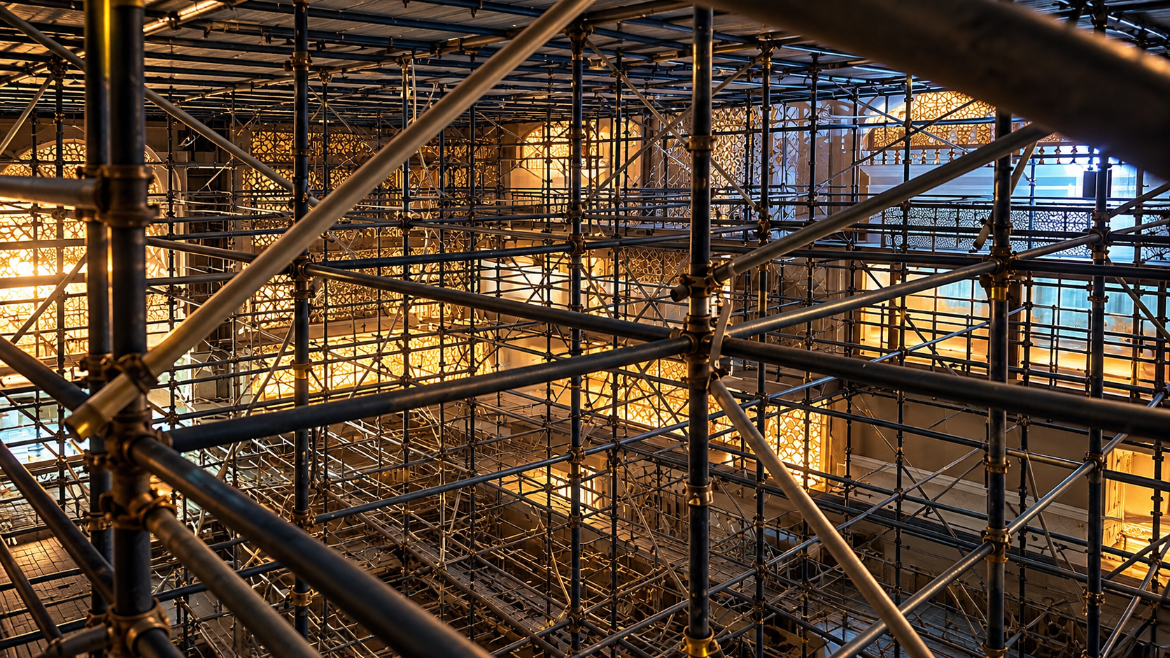 Interior construction site with a warm architectural lighting design