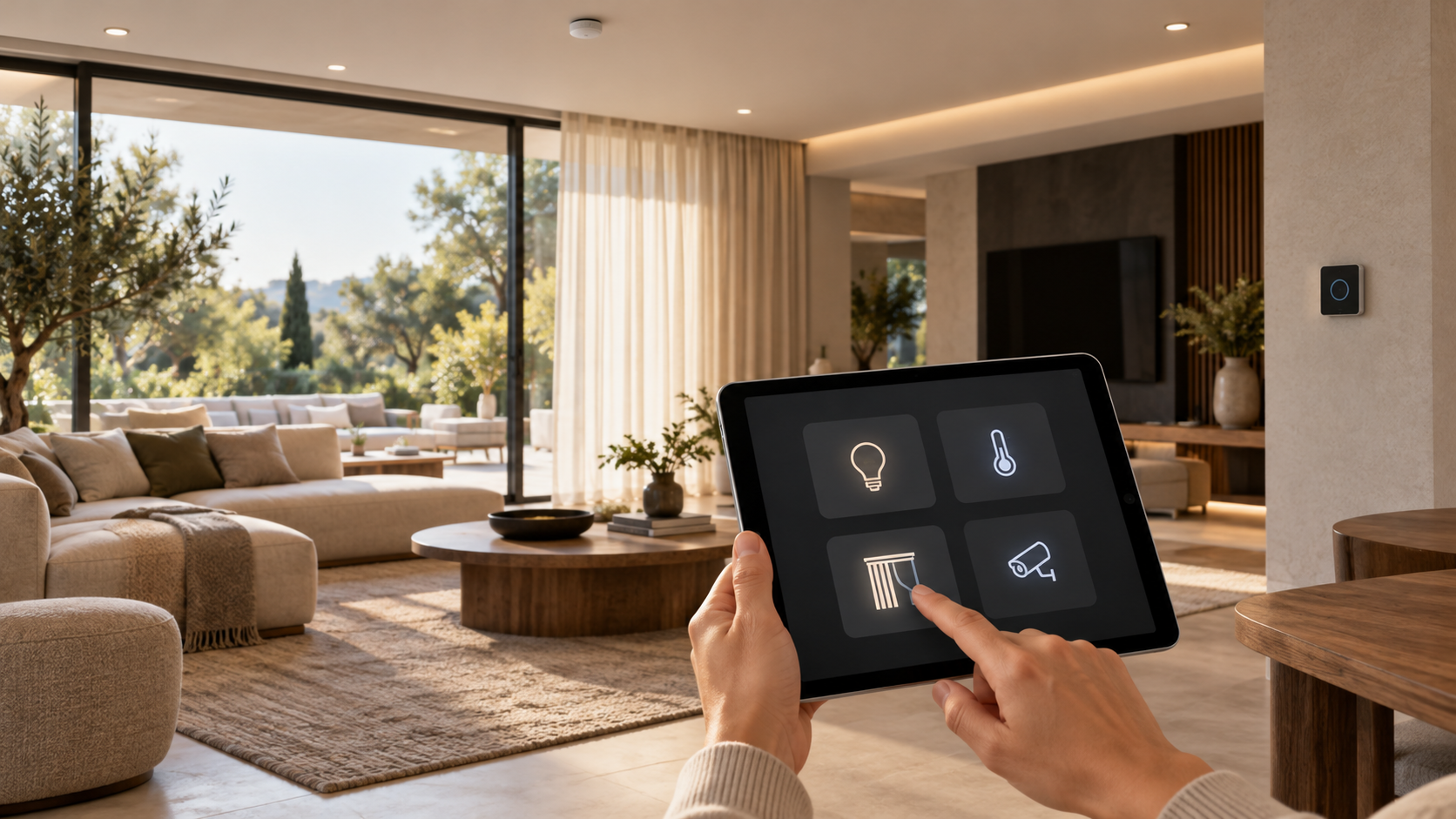 Illustrative smart living room with lighting, climate and curtain controls